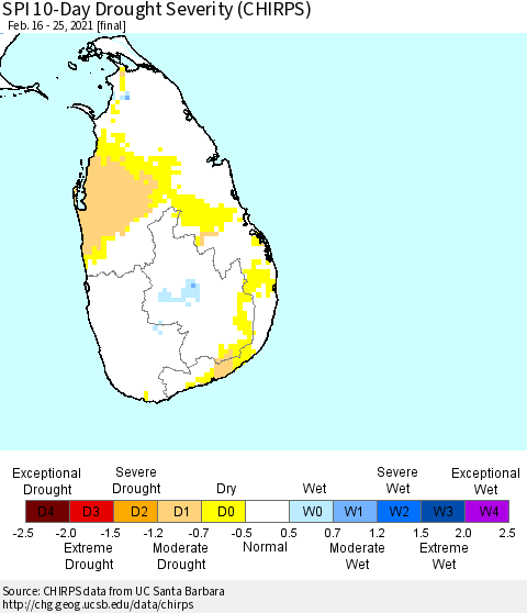 Sri Lanka SPI 10-Day Drought Severity (CHIRPS) Thematic Map For 2/16/2021 - 2/25/2021