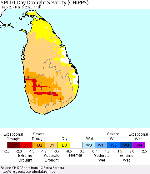 Sri Lanka SPI 10-Day Drought Severity (CHIRPS) Thematic Map For 2/26/2021 - 3/5/2021