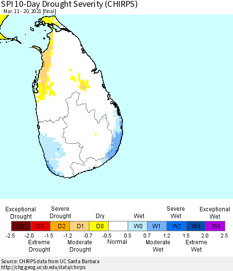 Sri Lanka SPI 10-Day Drought Severity (CHIRPS) Thematic Map For 3/11/2021 - 3/20/2021