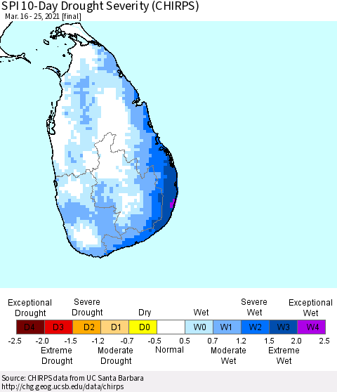 Sri Lanka SPI 10-Day Drought Severity (CHIRPS) Thematic Map For 3/16/2021 - 3/25/2021