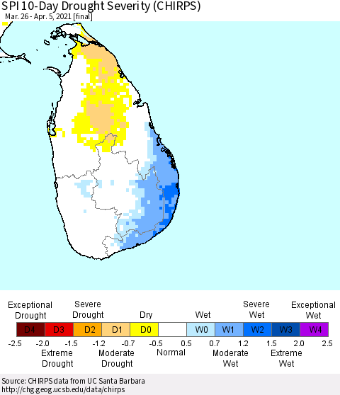 Sri Lanka SPI 10-Day Drought Severity (CHIRPS) Thematic Map For 3/26/2021 - 4/5/2021