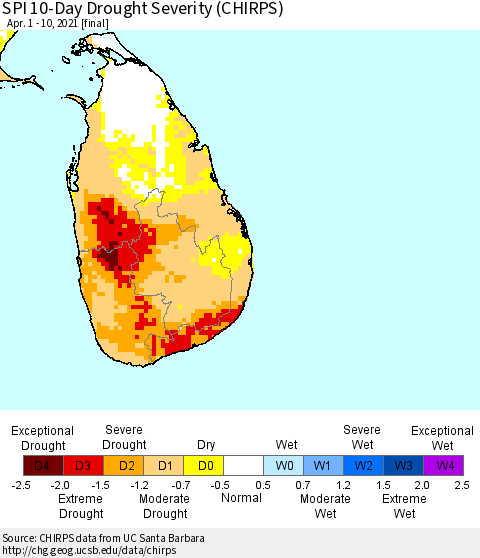 Sri Lanka SPI 10-Day Drought Severity (CHIRPS) Thematic Map For 4/1/2021 - 4/10/2021