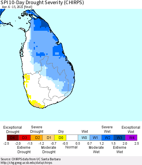 Sri Lanka SPI 10-Day Drought Severity (CHIRPS) Thematic Map For 4/6/2021 - 4/15/2021