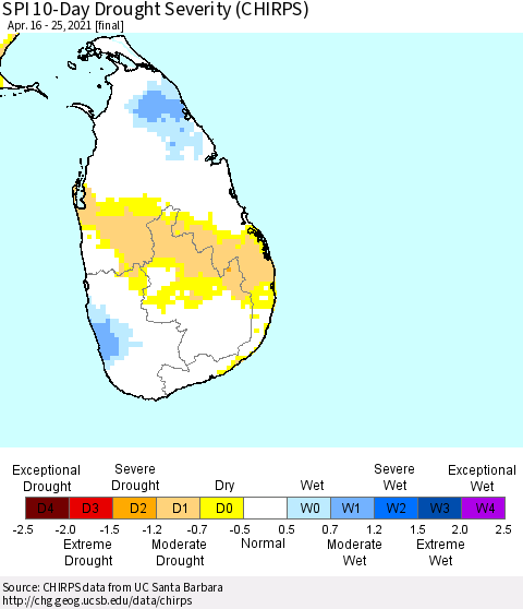 Sri Lanka SPI 10-Day Drought Severity (CHIRPS) Thematic Map For 4/16/2021 - 4/25/2021