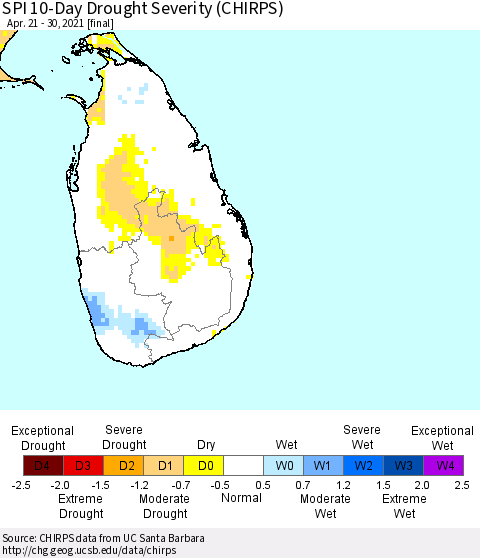 Sri Lanka SPI 10-Day Drought Severity (CHIRPS) Thematic Map For 4/21/2021 - 4/30/2021
