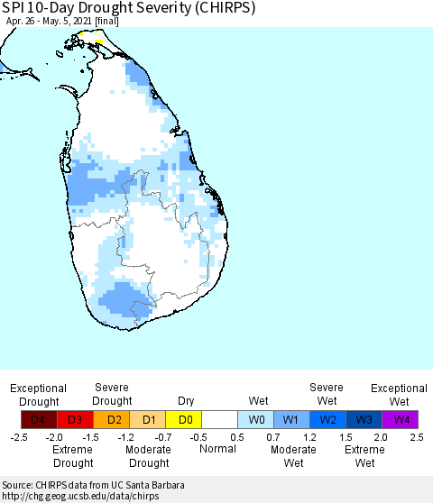 Sri Lanka SPI 10-Day Drought Severity (CHIRPS) Thematic Map For 4/26/2021 - 5/5/2021
