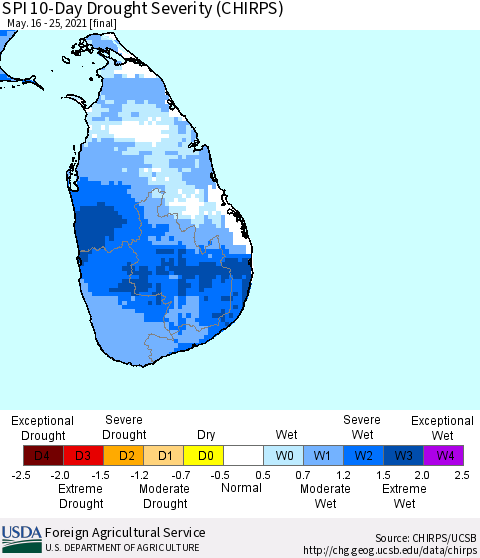 Sri Lanka SPI 10-Day Drought Severity (CHIRPS) Thematic Map For 5/16/2021 - 5/25/2021