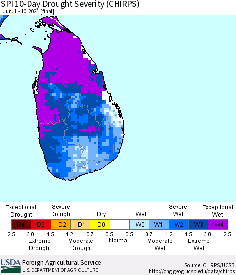 Sri Lanka SPI 10-Day Drought Severity (CHIRPS) Thematic Map For 6/1/2021 - 6/10/2021