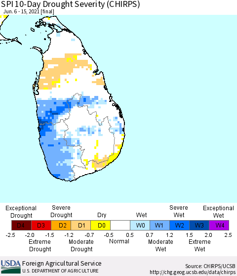 Sri Lanka SPI 10-Day Drought Severity (CHIRPS) Thematic Map For 6/6/2021 - 6/15/2021