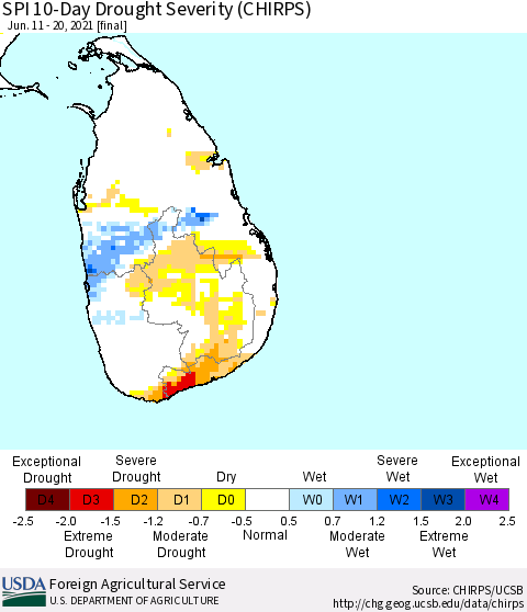 Sri Lanka SPI 10-Day Drought Severity (CHIRPS) Thematic Map For 6/11/2021 - 6/20/2021