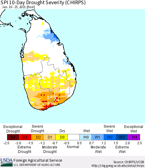 Sri Lanka SPI 10-Day Drought Severity (CHIRPS) Thematic Map For 6/16/2021 - 6/25/2021
