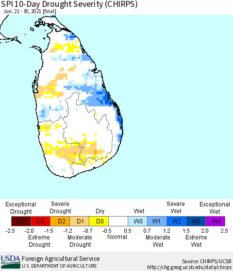 Sri Lanka SPI 10-Day Drought Severity (CHIRPS) Thematic Map For 6/21/2021 - 6/30/2021