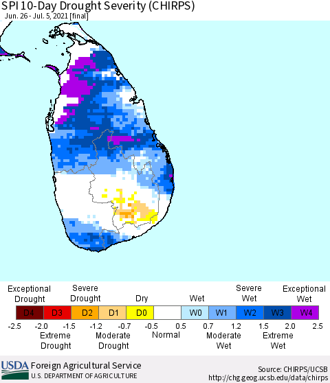 Sri Lanka SPI 10-Day Drought Severity (CHIRPS) Thematic Map For 6/26/2021 - 7/5/2021