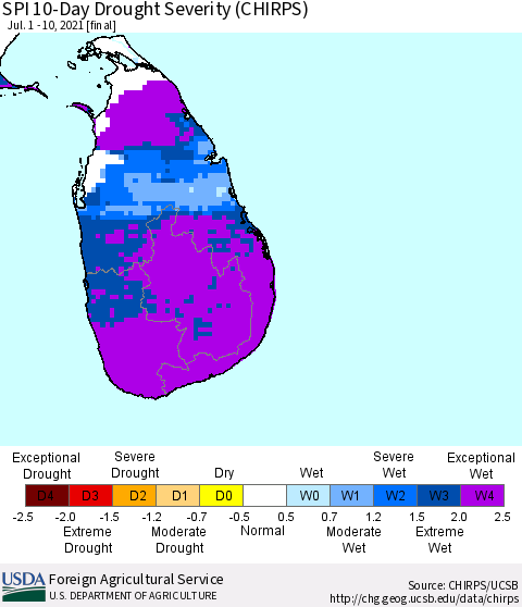 Sri Lanka SPI 10-Day Drought Severity (CHIRPS) Thematic Map For 7/1/2021 - 7/10/2021