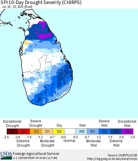 Sri Lanka SPI 10-Day Drought Severity (CHIRPS) Thematic Map For 7/16/2021 - 7/25/2021