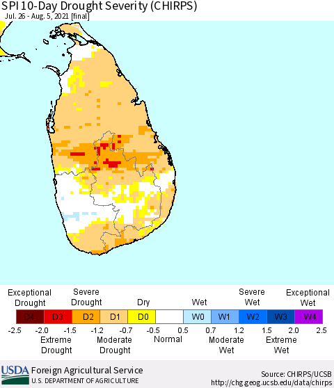 Sri Lanka SPI 10-Day Drought Severity (CHIRPS) Thematic Map For 7/26/2021 - 8/5/2021