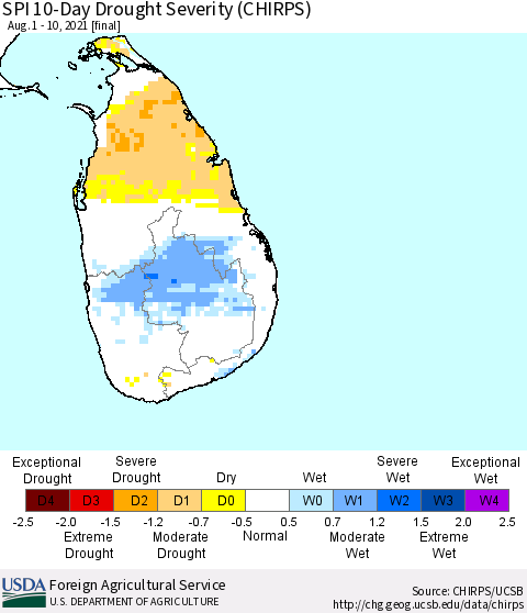 Sri Lanka SPI 10-Day Drought Severity (CHIRPS) Thematic Map For 8/1/2021 - 8/10/2021