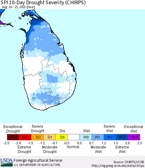 Sri Lanka SPI 10-Day Drought Severity (CHIRPS) Thematic Map For 8/16/2021 - 8/25/2021