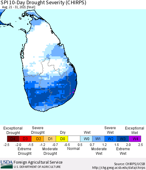 Sri Lanka SPI 10-Day Drought Severity (CHIRPS) Thematic Map For 8/21/2021 - 8/31/2021