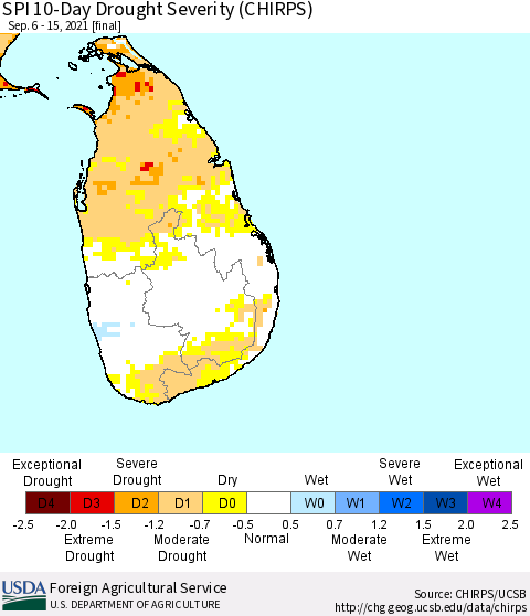 Sri Lanka SPI 10-Day Drought Severity (CHIRPS) Thematic Map For 9/6/2021 - 9/15/2021