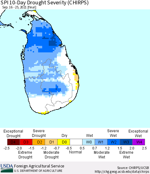 Sri Lanka SPI 10-Day Drought Severity (CHIRPS) Thematic Map For 9/16/2021 - 9/25/2021