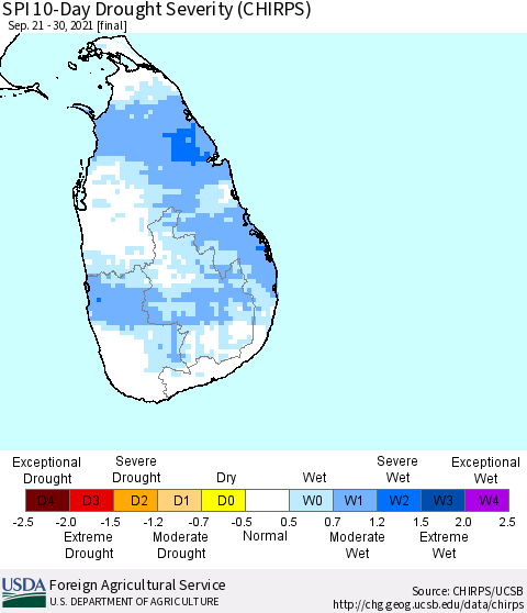 Sri Lanka SPI 10-Day Drought Severity (CHIRPS) Thematic Map For 9/21/2021 - 9/30/2021