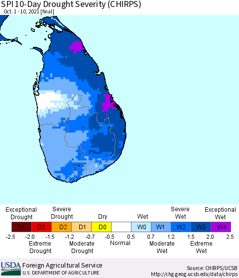 Sri Lanka SPI 10-Day Drought Severity (CHIRPS) Thematic Map For 10/1/2021 - 10/10/2021
