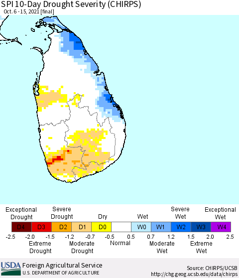 Sri Lanka SPI 10-Day Drought Severity (CHIRPS) Thematic Map For 10/6/2021 - 10/15/2021