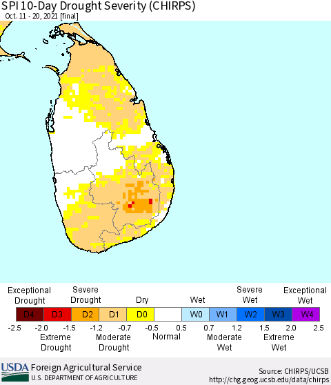 Sri Lanka SPI 10-Day Drought Severity (CHIRPS) Thematic Map For 10/11/2021 - 10/20/2021