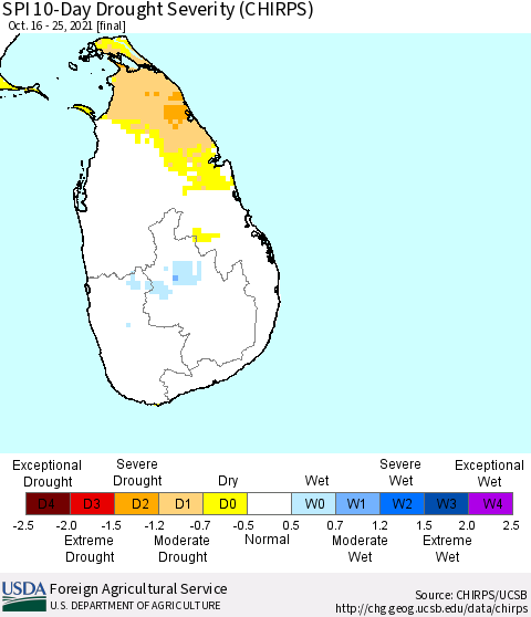 Sri Lanka SPI 10-Day Drought Severity (CHIRPS) Thematic Map For 10/16/2021 - 10/25/2021