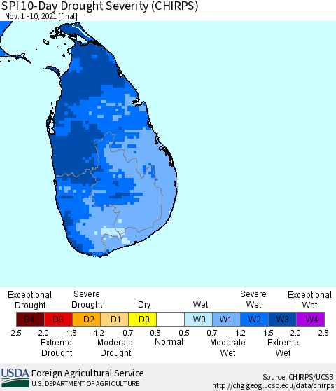 Sri Lanka SPI 10-Day Drought Severity (CHIRPS) Thematic Map For 11/1/2021 - 11/10/2021