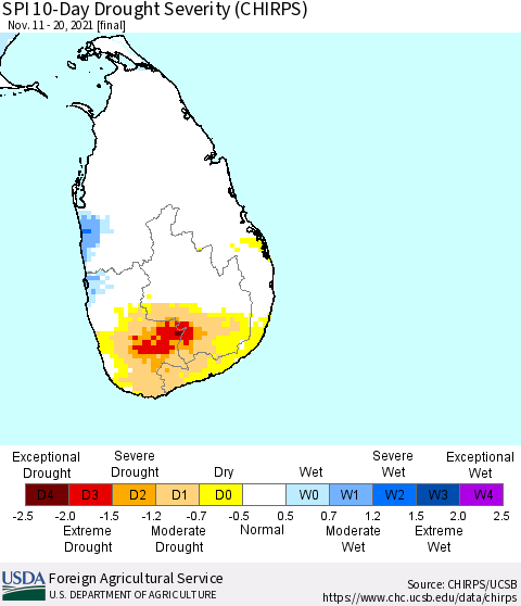 Sri Lanka SPI 10-Day Drought Severity (CHIRPS) Thematic Map For 11/11/2021 - 11/20/2021
