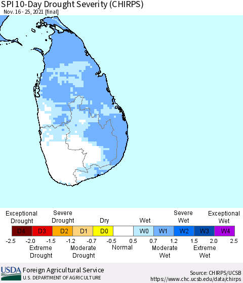 Sri Lanka SPI 10-Day Drought Severity (CHIRPS) Thematic Map For 11/16/2021 - 11/25/2021