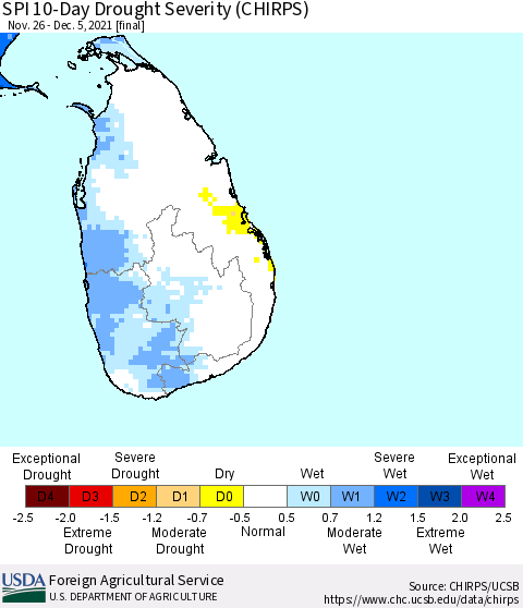 Sri Lanka SPI 10-Day Drought Severity (CHIRPS) Thematic Map For 11/26/2021 - 12/5/2021