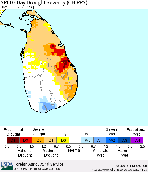 Sri Lanka SPI 10-Day Drought Severity (CHIRPS) Thematic Map For 12/1/2021 - 12/10/2021