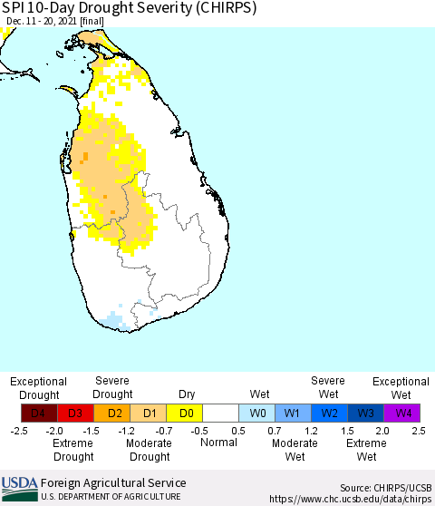 Sri Lanka SPI 10-Day Drought Severity (CHIRPS) Thematic Map For 12/11/2021 - 12/20/2021