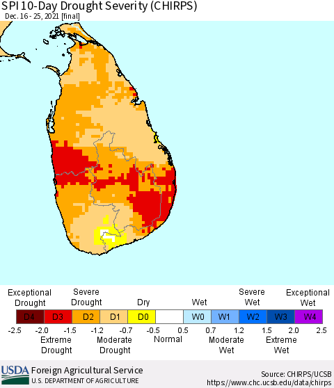 Sri Lanka SPI 10-Day Drought Severity (CHIRPS) Thematic Map For 12/16/2021 - 12/25/2021