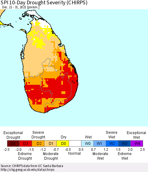 Sri Lanka SPI 10-Day Drought Severity (CHIRPS) Thematic Map For 12/21/2021 - 12/31/2021