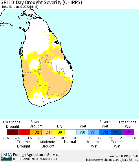 Sri Lanka SPI 10-Day Drought Severity (CHIRPS) Thematic Map For 12/26/2021 - 1/5/2022