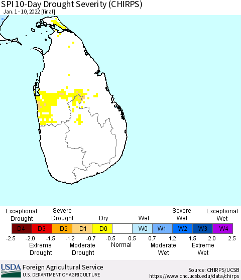 Sri Lanka SPI 10-Day Drought Severity (CHIRPS) Thematic Map For 1/1/2022 - 1/10/2022
