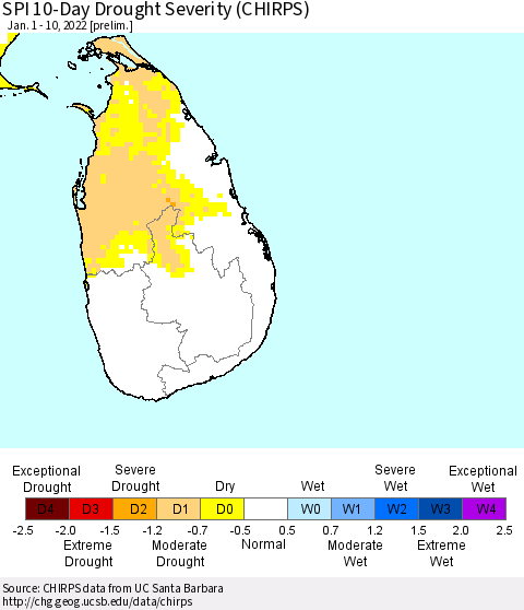 Sri Lanka SPI 10-Day Drought Severity (CHIRPS) Thematic Map For 1/1/2022 - 1/10/2022