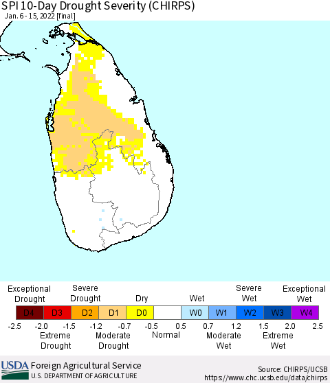 Sri Lanka SPI 10-Day Drought Severity (CHIRPS) Thematic Map For 1/6/2022 - 1/15/2022