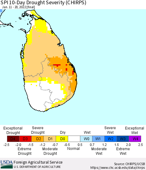 Sri Lanka SPI 10-Day Drought Severity (CHIRPS) Thematic Map For 1/11/2022 - 1/20/2022