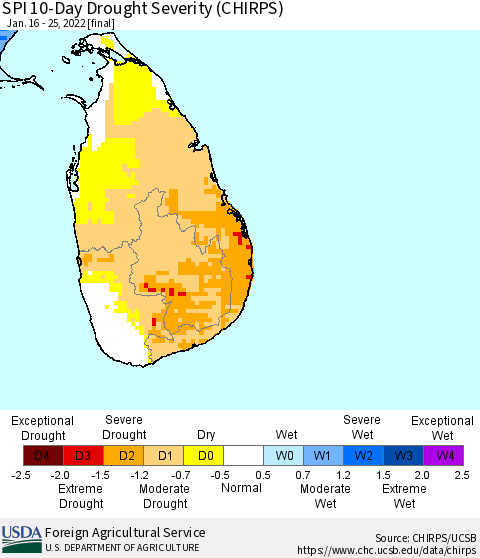 Sri Lanka SPI 10-Day Drought Severity (CHIRPS) Thematic Map For 1/16/2022 - 1/25/2022