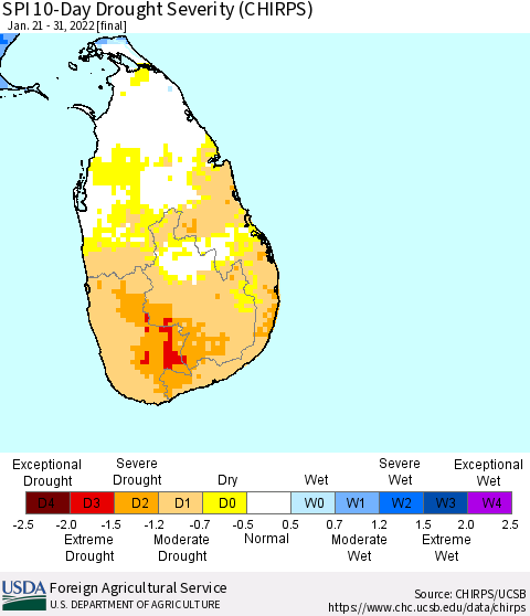 Sri Lanka SPI 10-Day Drought Severity (CHIRPS) Thematic Map For 1/21/2022 - 1/31/2022
