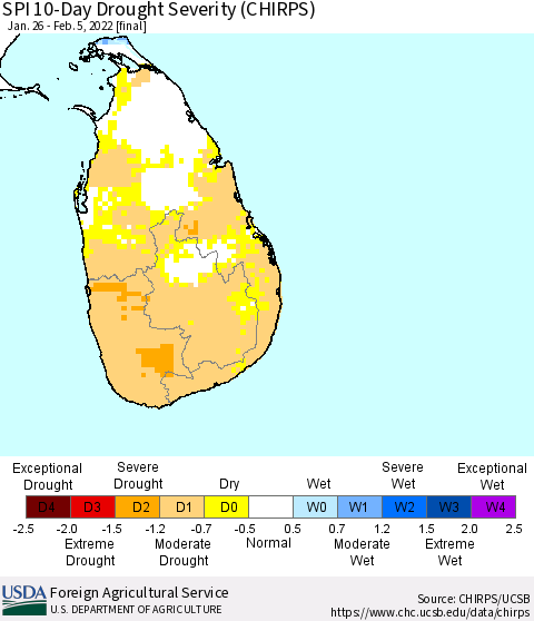 Sri Lanka SPI 10-Day Drought Severity (CHIRPS) Thematic Map For 1/26/2022 - 2/5/2022