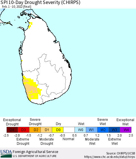 Sri Lanka SPI 10-Day Drought Severity (CHIRPS) Thematic Map For 2/1/2022 - 2/10/2022