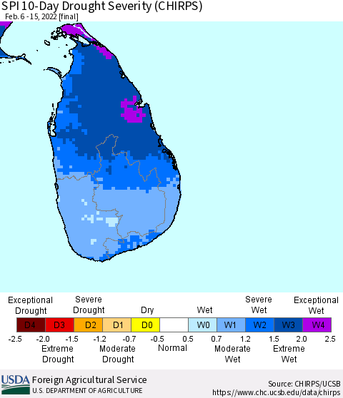 Sri Lanka SPI 10-Day Drought Severity (CHIRPS) Thematic Map For 2/6/2022 - 2/15/2022