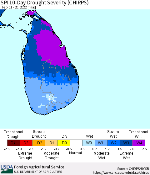 Sri Lanka SPI 10-Day Drought Severity (CHIRPS) Thematic Map For 2/11/2022 - 2/20/2022