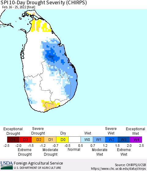 Sri Lanka SPI 10-Day Drought Severity (CHIRPS) Thematic Map For 2/16/2022 - 2/25/2022